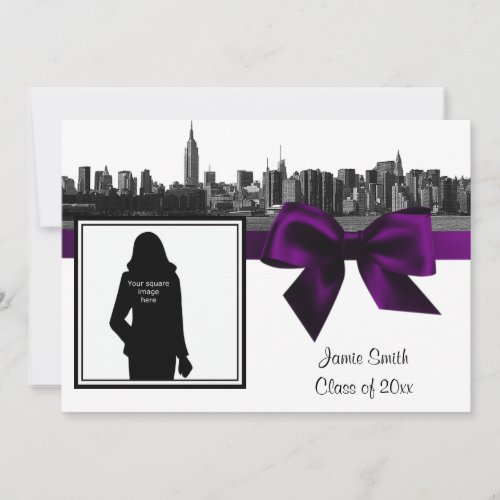 NYC Wide Skyline Etched BW Purple Photo Graduation Personalized Invitations