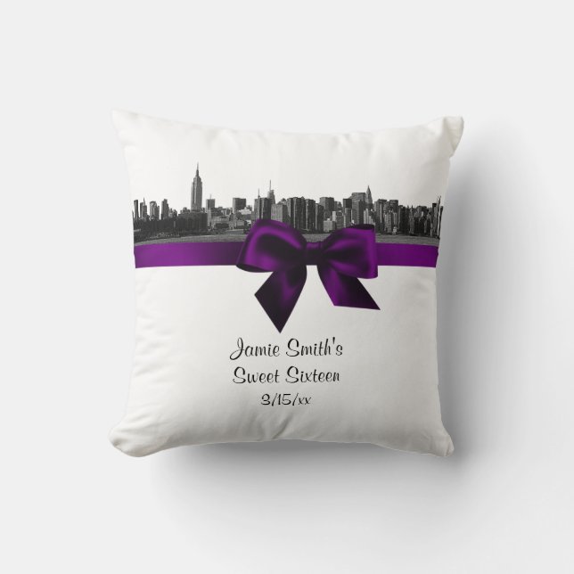 NYC Wide Skyline Etched BW Purple Pillow (Front)