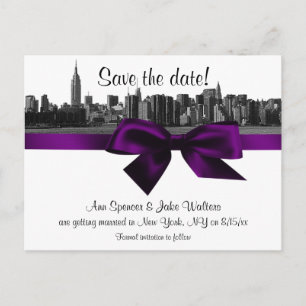 NYC Wide Skyline Etched BW Purple Save the Date Announcement Postcard