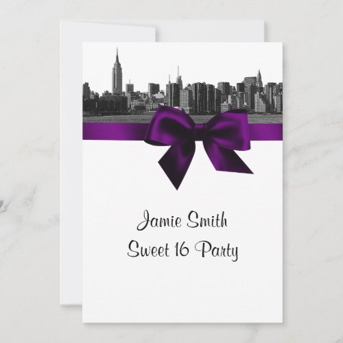 NYC Wide Skyline Etched BW Purple Sweet Sixteen Personalized Invite