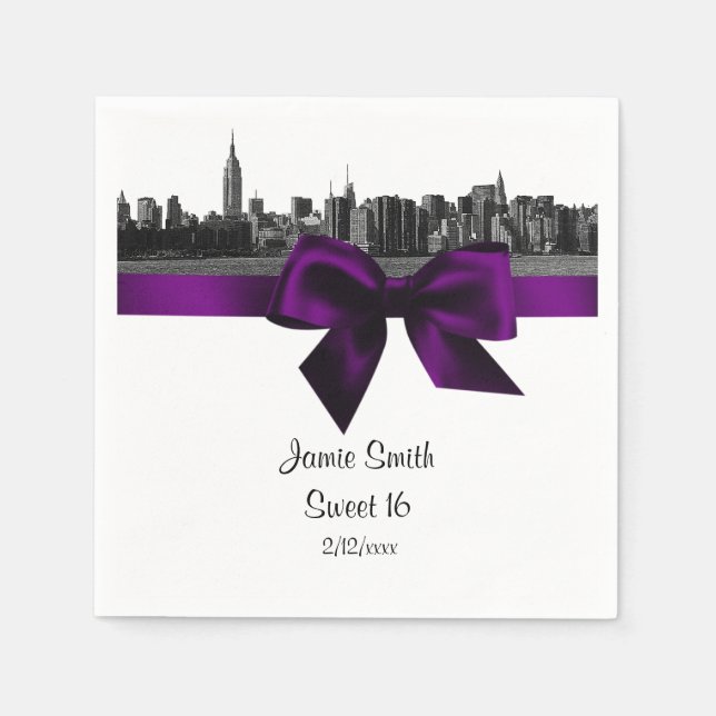 NYC Wide Skyline Etched BW Purple Sweet Sixteen Paper Napkins (Front)