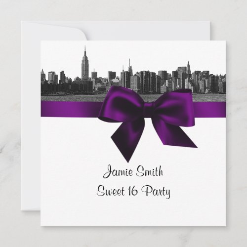 NYC Wide Skyline Etched BW Purple Sweet Sixteen SQ Invitation