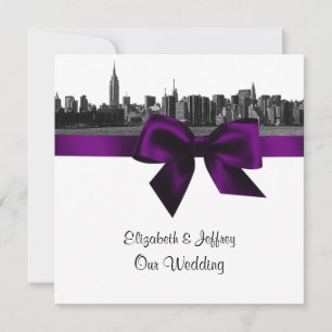 NYC Wide Skyline Etched BW Purple Wedding SQ Invitation