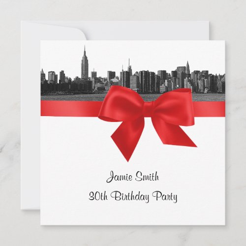 NYC Wide Skyline Etched BW Red Birthday Party SQ Invitation