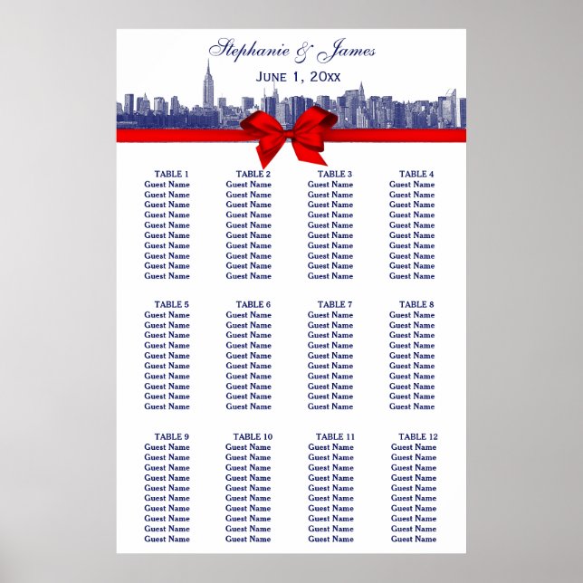 NYC Wide Skyline Etched BW Red Bow Blue Poster (Front)
