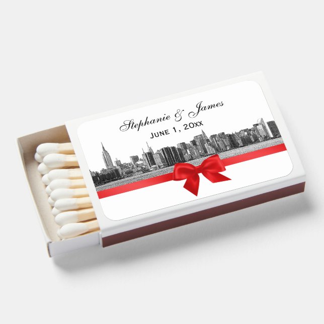 NYC Wide Skyline Etched BW Red Bow Matchboxes (Front Open)