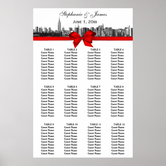 NYC Wide Skyline Etched BW Red Bow Poster (Front)