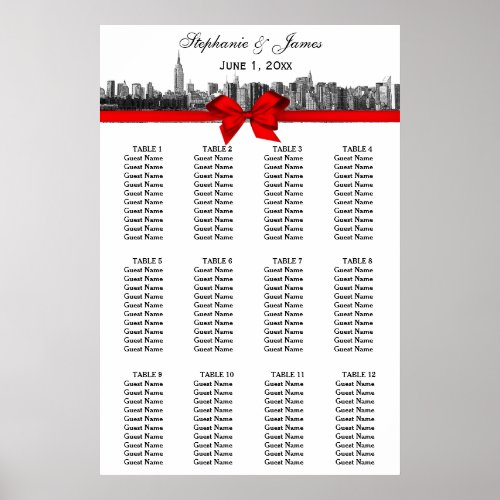 NYC Wide Skyline Etched BW Red Bow Seating Chart