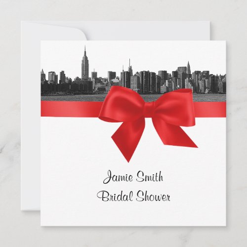 NYC Wide Skyline Etched BW Red Bridal Shower SQ Invitation