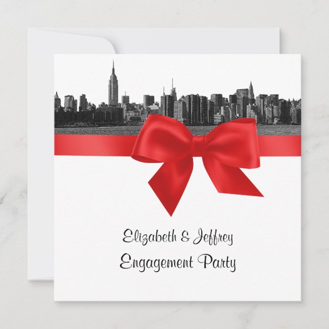 NYC Wide Skyline Etched BW Red Engagement Party SQ Invitation (Front)