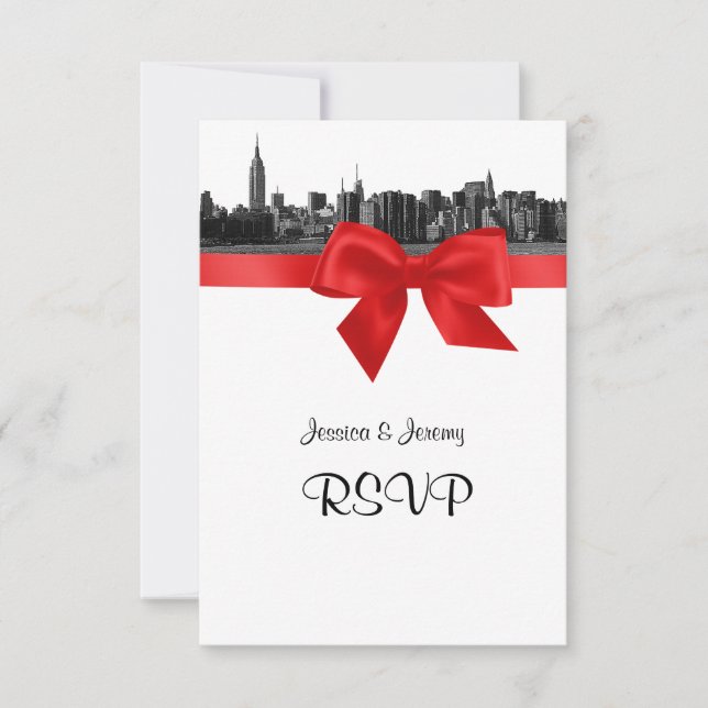 NYC Wide Skyline Etched BW Red RSVP Menu (Front)