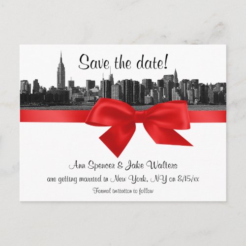 NYC Wide Skyline Etched BW Red  Save the Date Announcement Postcard