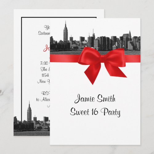 NYC Wide Skyline Etched BW Red Sweet Sixteen Announcements