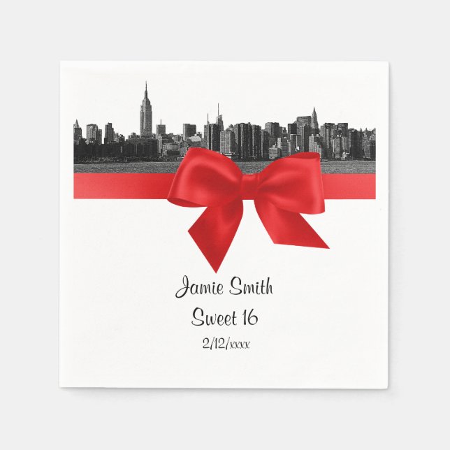NYC Wide Skyline Etched BW Red Sweet Sixteen Paper Napkins (Front)