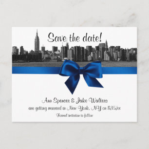 NYC Wide Skyline Etched BW Royal Blu Save the Date Announcement Postcard