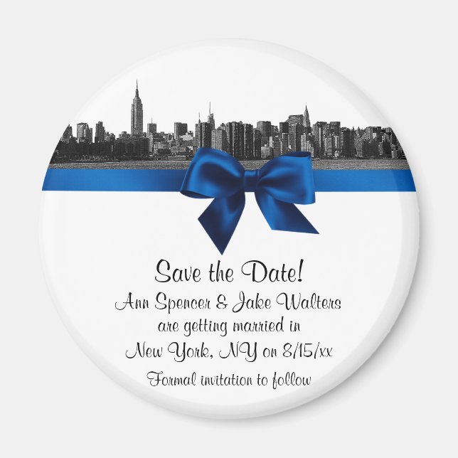NYC Wide Skyline Etched BW Royal Blu Save the Date Magnet (Front)