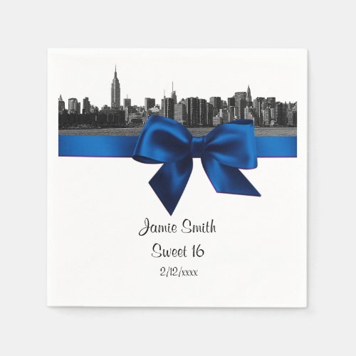 NYC Wide Skyline Etched BW Royal Blu Sweet Sixteen Paper Napkins