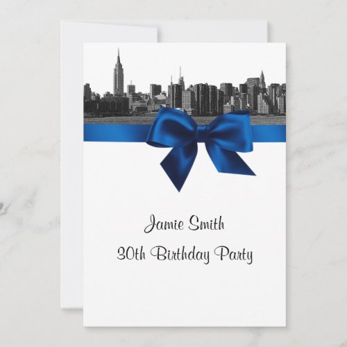 NYC Wide Skyline Etched BW Royal Blue Birthday Pty Invitation