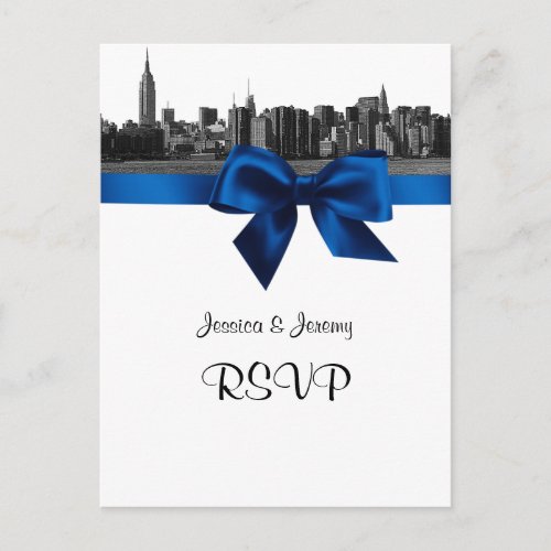 NYC Wide Skyline Etched BW Royal Blue RSVP 1 Invitation Postcard