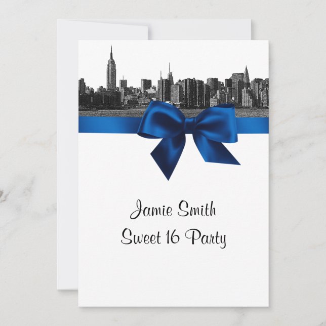 NYC Wide Skyline Etched BW Royal Blue Sweet 16 Invitation (Front)