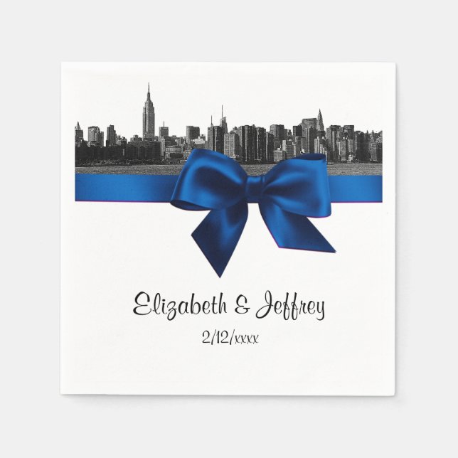 NYC Wide Skyline Etched BW Royal Blue Wedding Paper Napkins (Front)