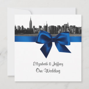 NYC Wide Skyline Etched BW Royal Blue Wedding SQ Invitation
