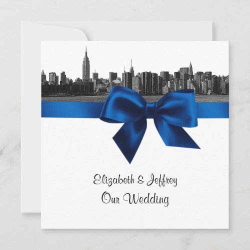 NYC Wide Skyline Etched BW Royal Blue Wedding SQ Personalized Invitation