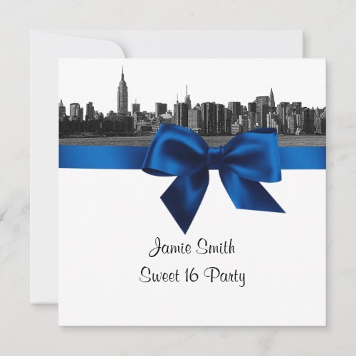 NYC Wide Skyline Etched BW Royal Sweet 16 Party SQ Invitation