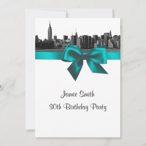 NYC Wide Skyline Etched BW Teal Birthday Party Personalized Invites