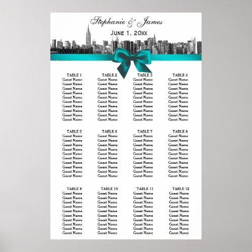 NYC Wide Skyline Etched BW Teal Bow Seating Chart