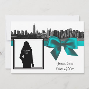 NYC Wide Skyline Etched BW Teal Photo Graduation Invitation