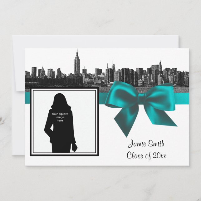 NYC Wide Skyline Etched BW Teal Photo Graduation Invitation (Front)