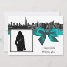 NYC Wide Skyline Etched BW Teal Photo Graduation