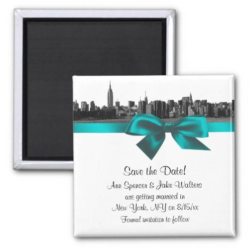 NYC Wide Skyline Etched BW Teal Save the Date Magnet