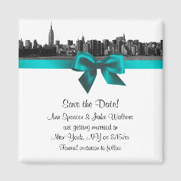 NYC Wide Skyline Etched BW Teal Save the Date Magnet