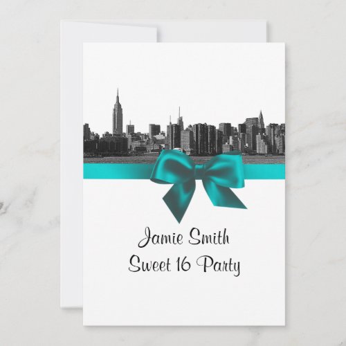 NYC Wide Skyline Etched BW Teal Sweet Sixteen Personalized Invites