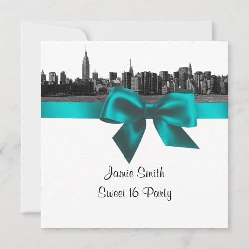 NYC Wide Skyline Etched BW Teal Sweet Sixteen SQ Personalized Invites