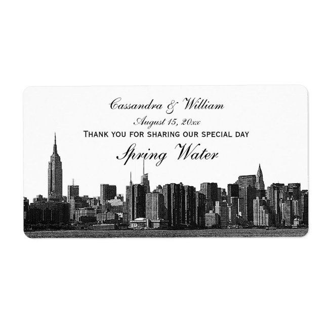 NYC Wide Skyline Etched BW Water Bottle Label (Front)