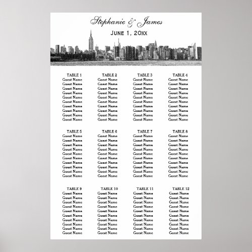 NYC Wide Skyline Etched BW Wedding Poster
