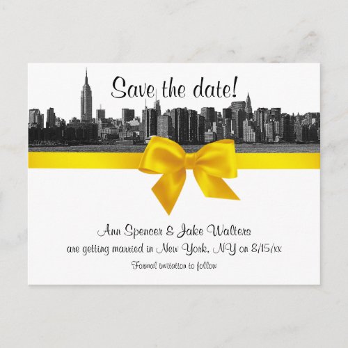 NYC Wide Skyline Etched BW Yellow Save the Date Announcement Postcard