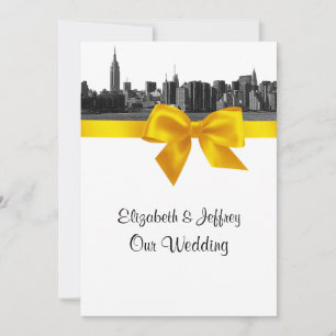 NYC Wide Skyline Etched BW Yellow Wedding Invitation