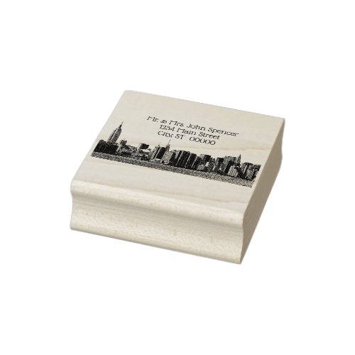 NYC Wide Skyline Etched Name Return Address  Rubber Stamp