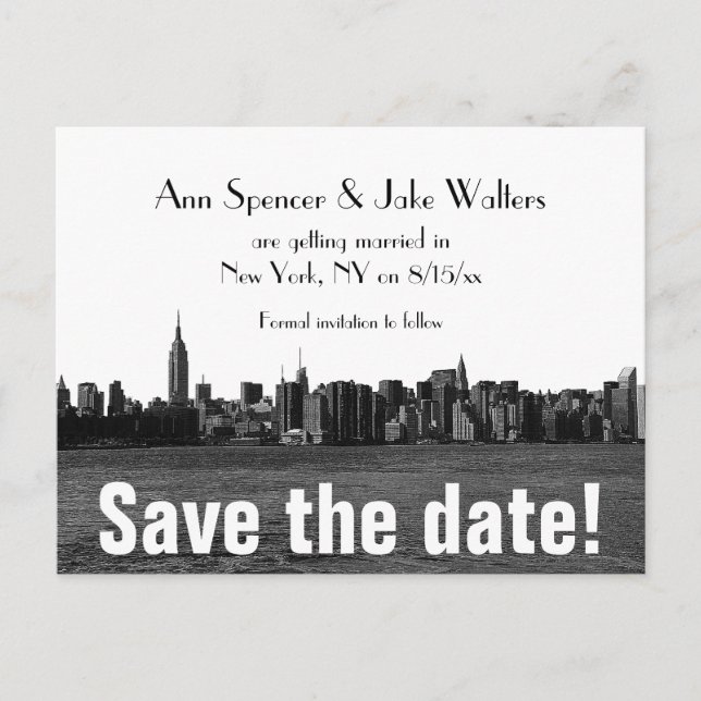 NYC Wide Skyline Etched Save the Date Announcement Postcard (Front)