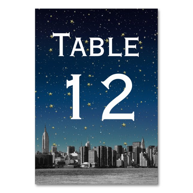 NYC Wide Skyline Gradient Blue Starry DIY BG Table Number (Front)