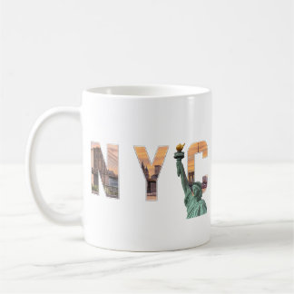 NYC Word Art with Statue of Liberty Skyline Mug