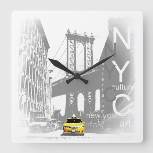 Nyc Yellow Taxi Brooklyn Bridge Pop Art Picture Square Wall Clock