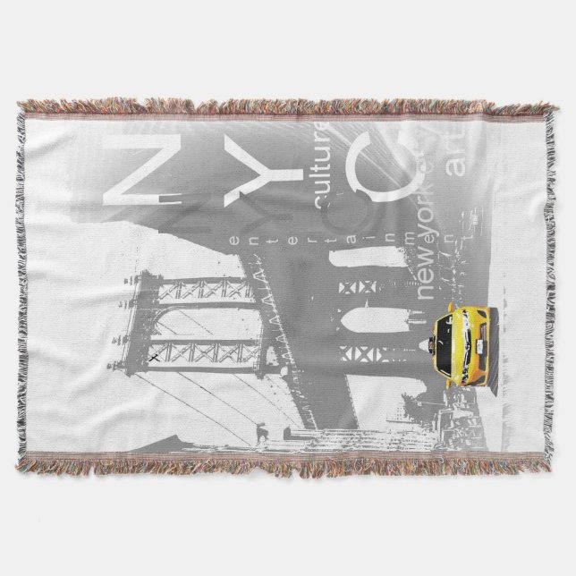 Nyc Yellow Taxi Brooklyn Bridge Pop Art Picture Throw Blanket (Front)