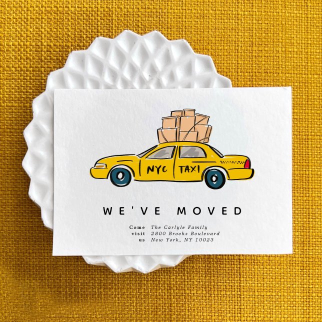 NYC Yellow Taxi We've Moved Moving Announcements (Hand-drawn NYC yellow taxi illustration for a New York City moving announcement card.)