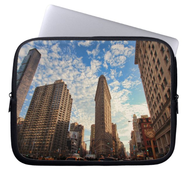NYC's Flatiron Building, Wide View, Puffy Clouds Laptop Sleeve (Front)