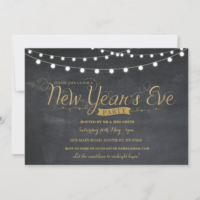 NYE New Year Year's Eve Party Gold Chalk Invite (Front)